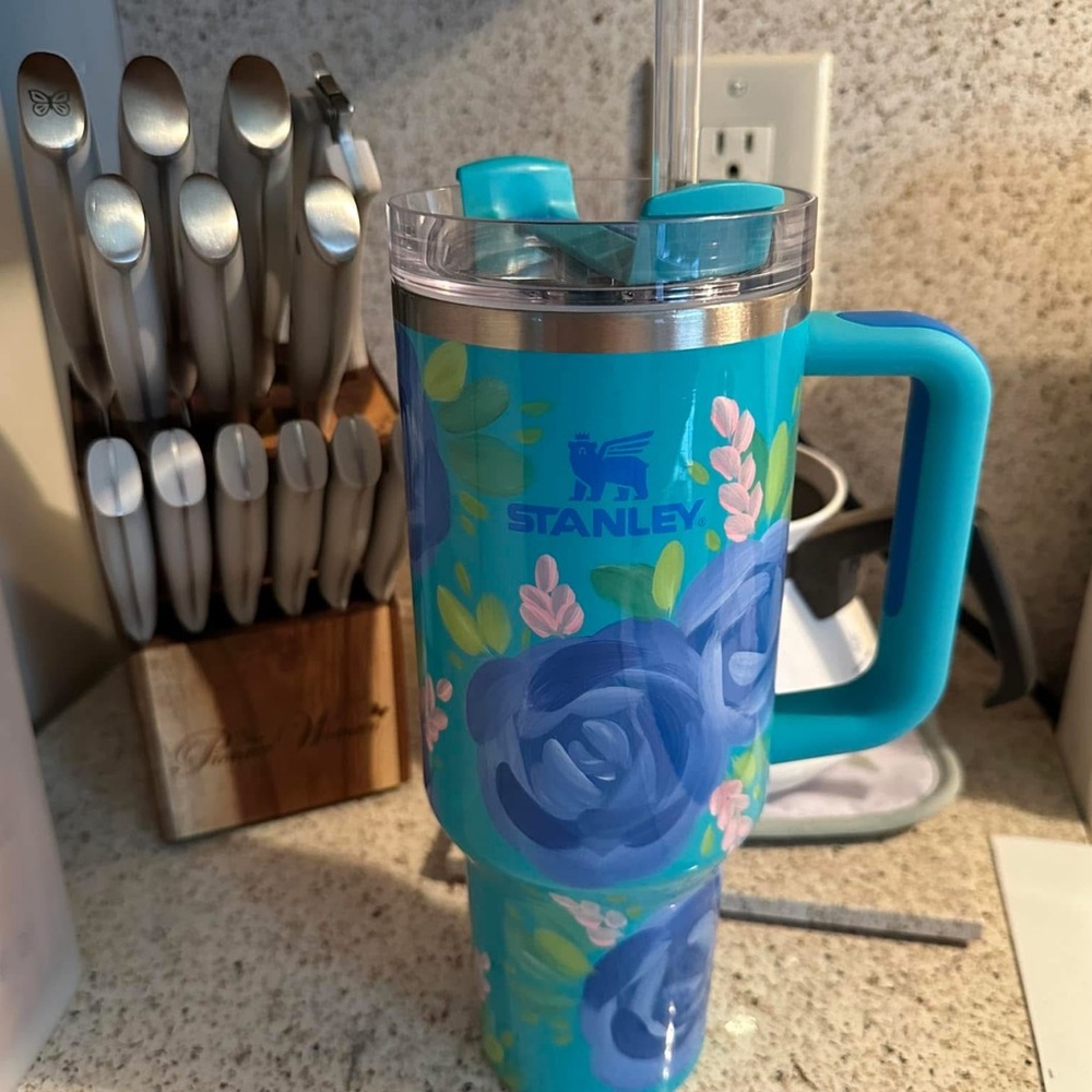 Stanley Blue Floral hand painted Tumbler with Handle